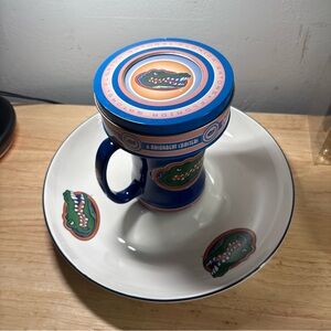 Florida Gators Set of 4 Stone Coasters in Tin Case With Chip Dip Plate And Cup